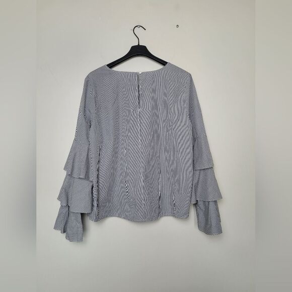 Abound Flutter Sleeve Blouse 100% Cotton Dramatic Striped Career Romantic Large - Picture 9 of 12